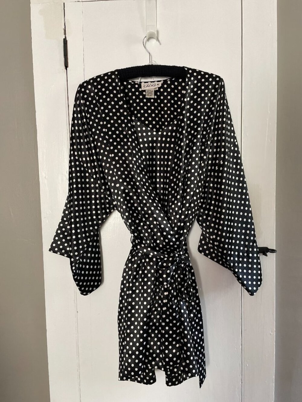 Cacique Vintage Black and White Satin Polka Dot Robe and Slip Dress Set Sz L